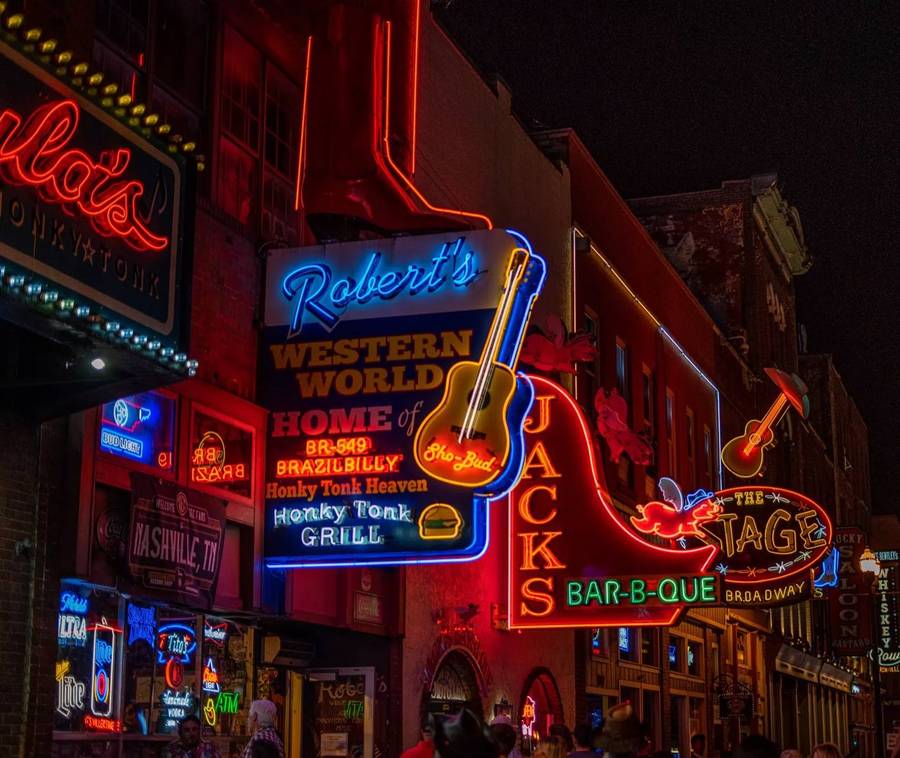 Neon signs along Lower Broadway in downtown Nashville