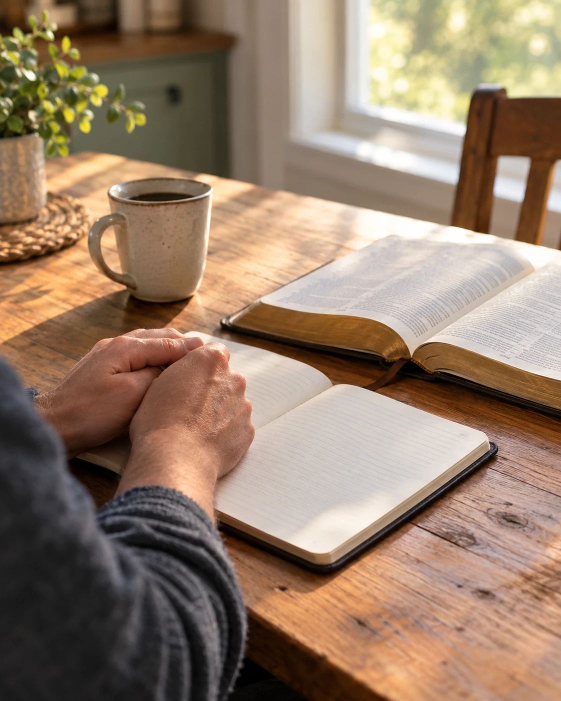 Hands resting on an open notebook beside an open Bible in morning light