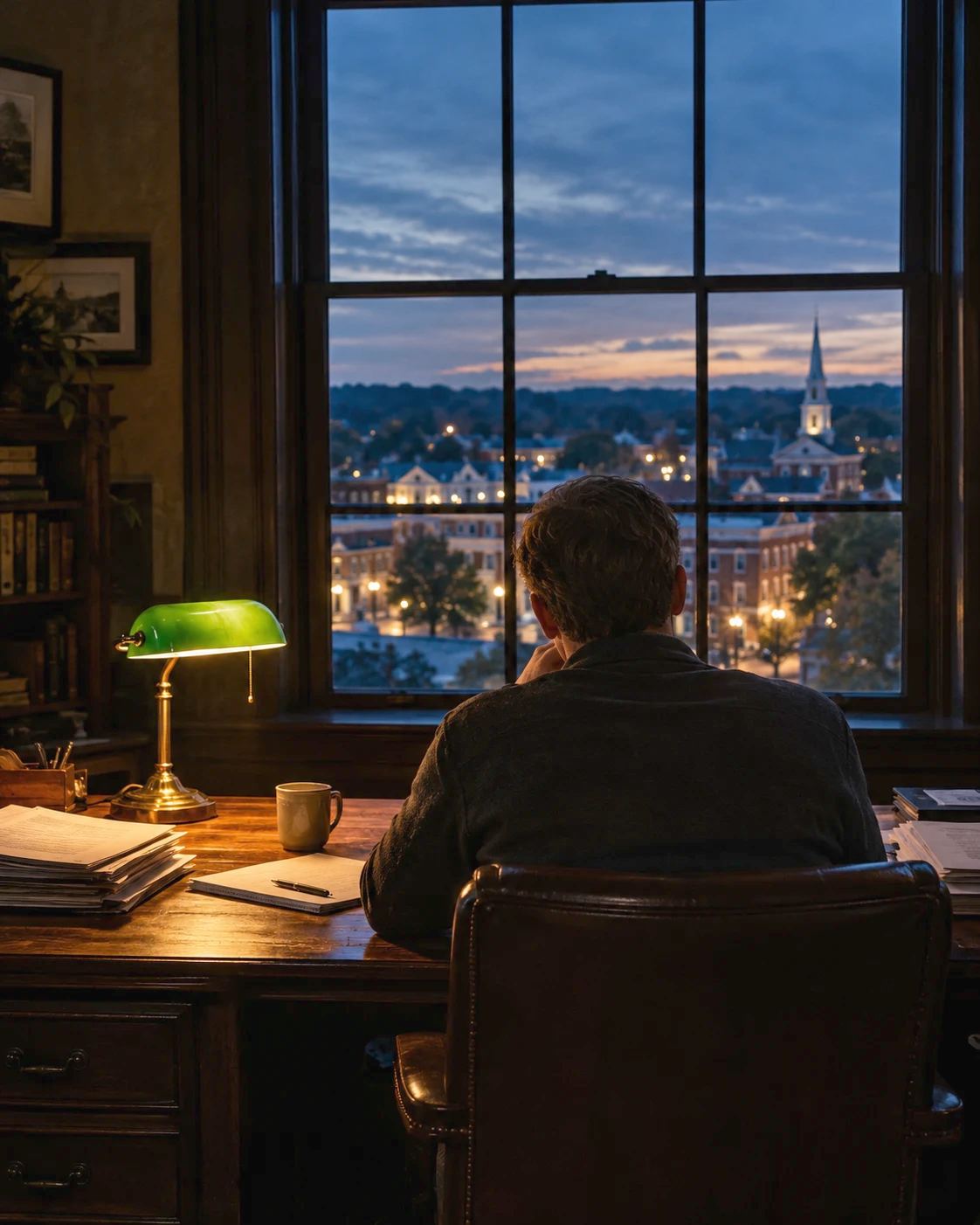 A business owner alone at his desk late at night