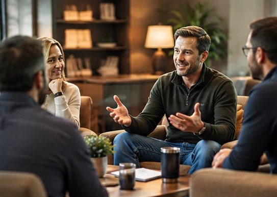 Owners settling in around the table, laughing, coffee in hand.