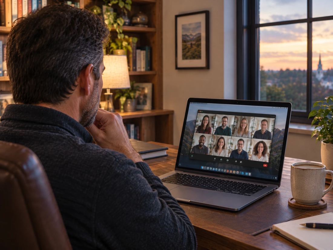 An owner on a weekly video session with the rest of the room